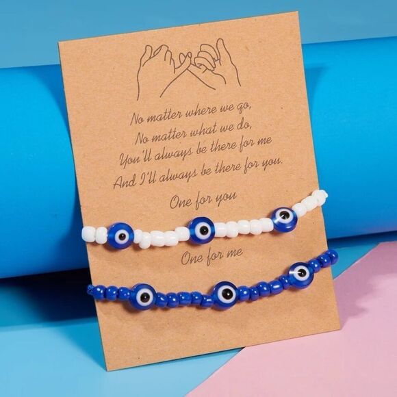 2 pc. Turkish Evil Eye Friendship Blue White Beads Bracelets - Picture 9 of 9